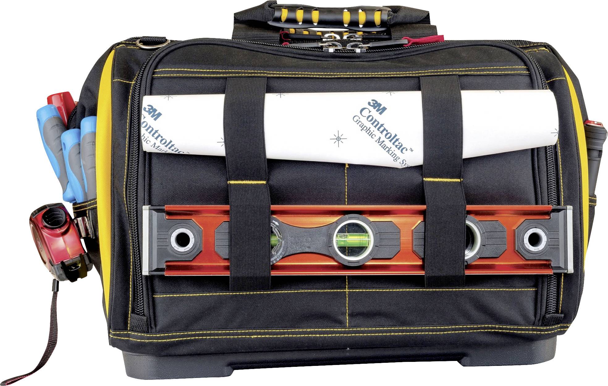 Handwerker-Werkzeugtasche mit Wasserwaage vorne, Bauplänen oben und Werkzeugen an der Seite.