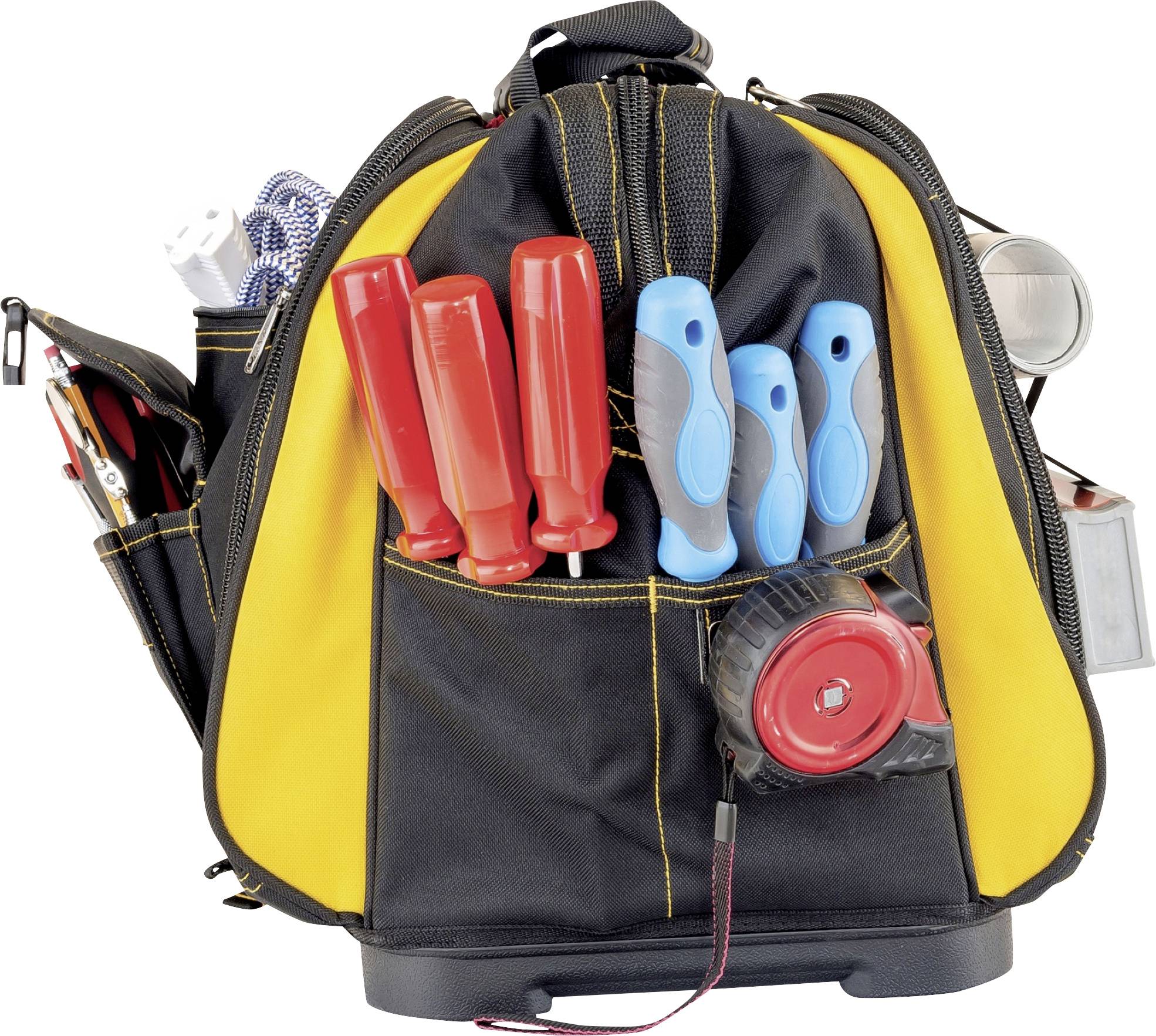 Eine schwarze Werkzeugtasche mit gelben Details, gefüllt mit roten Schraubendrehern, blau-grauen Griffwerkzeugen und einem Maßband.