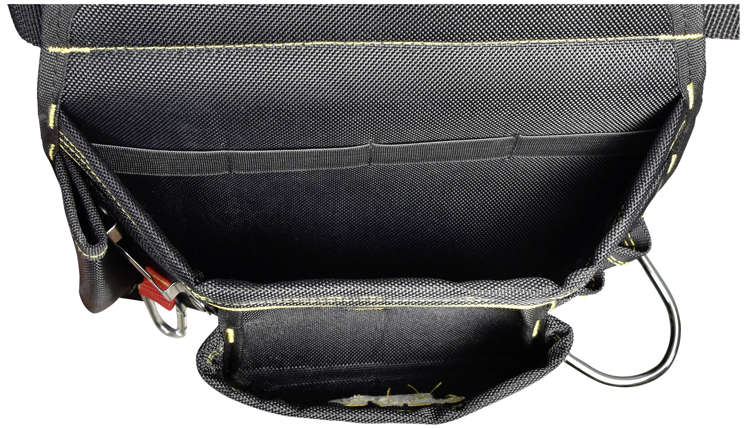 Offene schwarze Werkzeugtasche von oben, zeigt mehrere Fächer und eine Klettverschlusslasche, geeignet für verschiedene Werkzeuge.