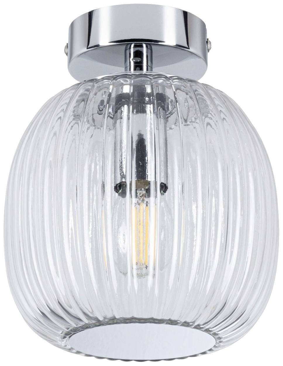 Klare Glas-Deckenleuchte mit geriffeltem Design und sichtbarer Glühbirne. Modernes, elegantes Beleuchtungselement.