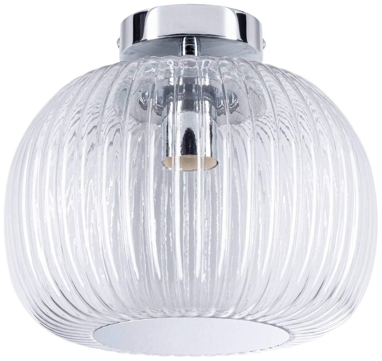 Transparente Deckenleuchte mit geriffeltem Glas und einer Glühbirne im Inneren, verchromtes Befestigungselement.