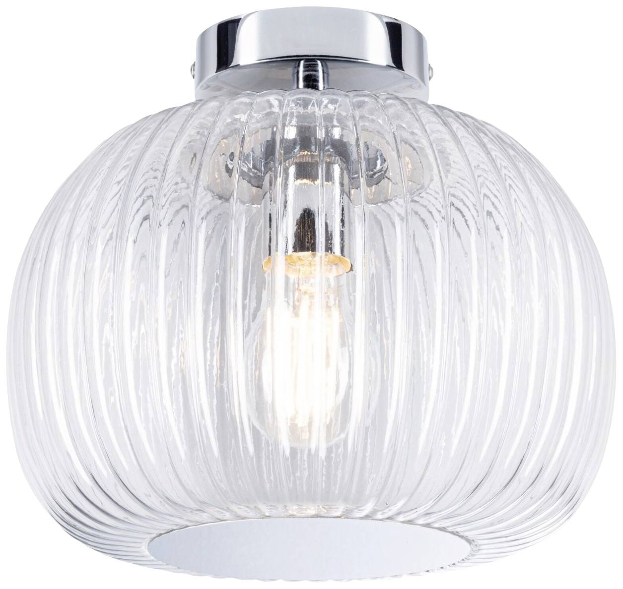 Runde Deckenleuchte aus klarem geriffeltem Glas mit sichtbarer Glühbirne, fängt klassisch-modernem Stil ein.