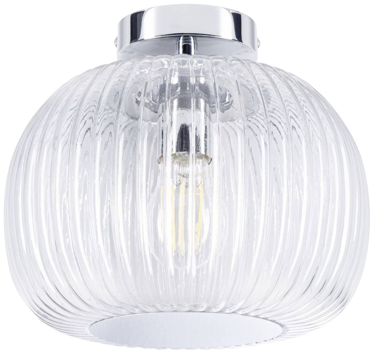 Kugelförmige Deckenleuchte aus transparentem, gerilltem Glas mit sichtbarer Glühbirne, montiert an einer silbernen Halterung.