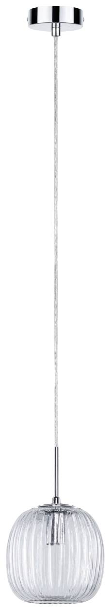 Hängelampe mit klarem, geriffeltem Glasschirm und verchromter Aufhängung, modernes Design für Innenraumbeleuchtung.