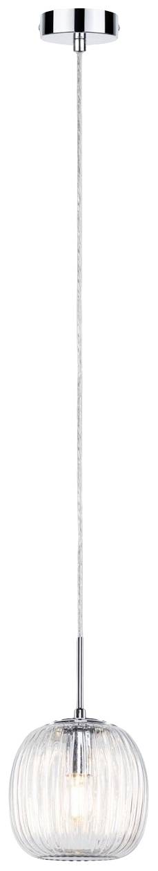 Glaspendelleuchte mit geriffeltem Schirm, silbernem Baldachin, an einem dünnen Kabel hängend.