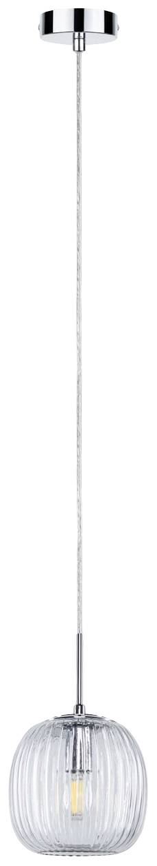 Hängelampe mit transparentem Glasschirm und sichtbarem Leuchtmittel, an einer dünnen Metallkette befestigt.