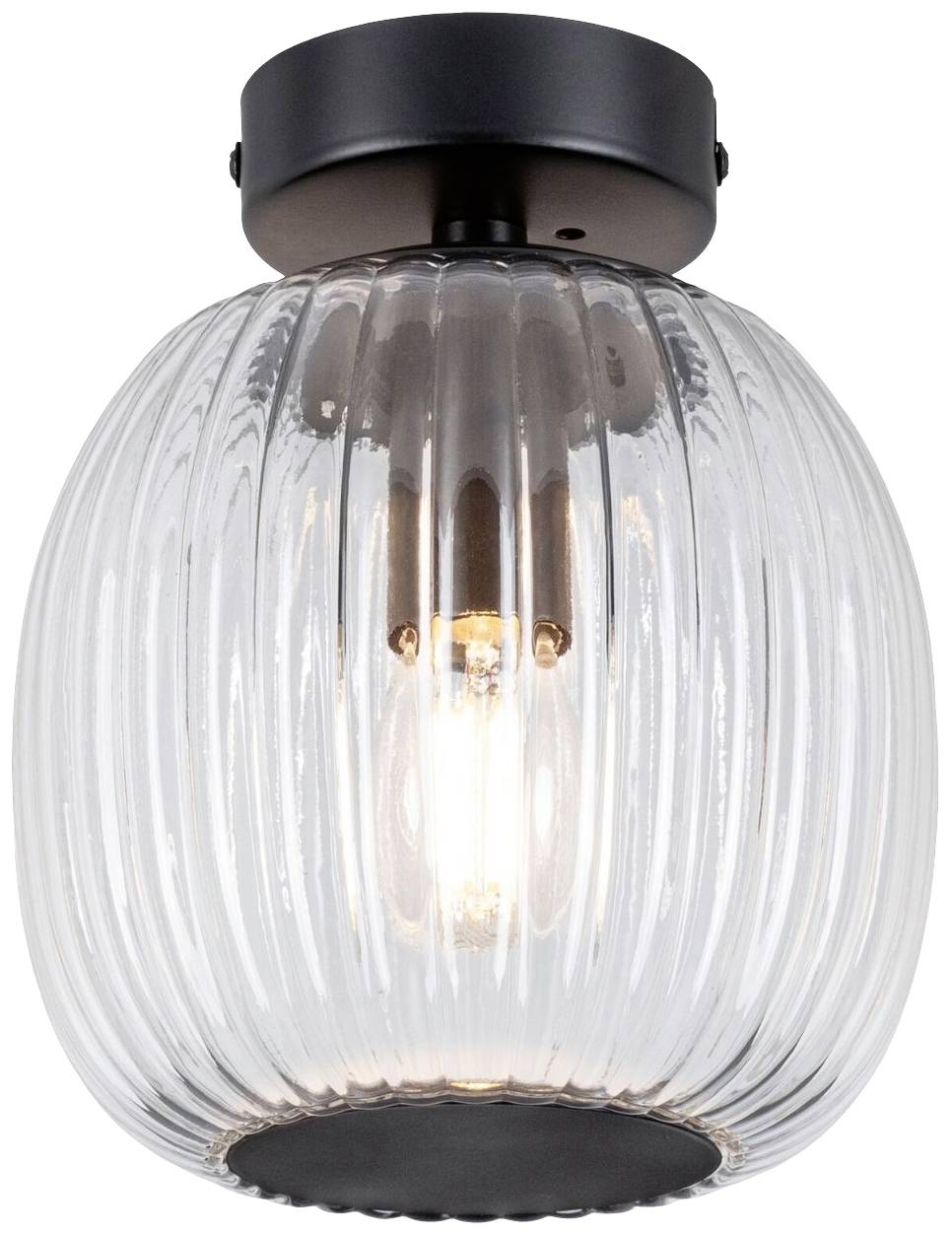 Glaspendelleuchte mit geriffeltem Design und sichtbarem Leuchtmittel, geeignet für moderne Innenraumbeleuchtung.