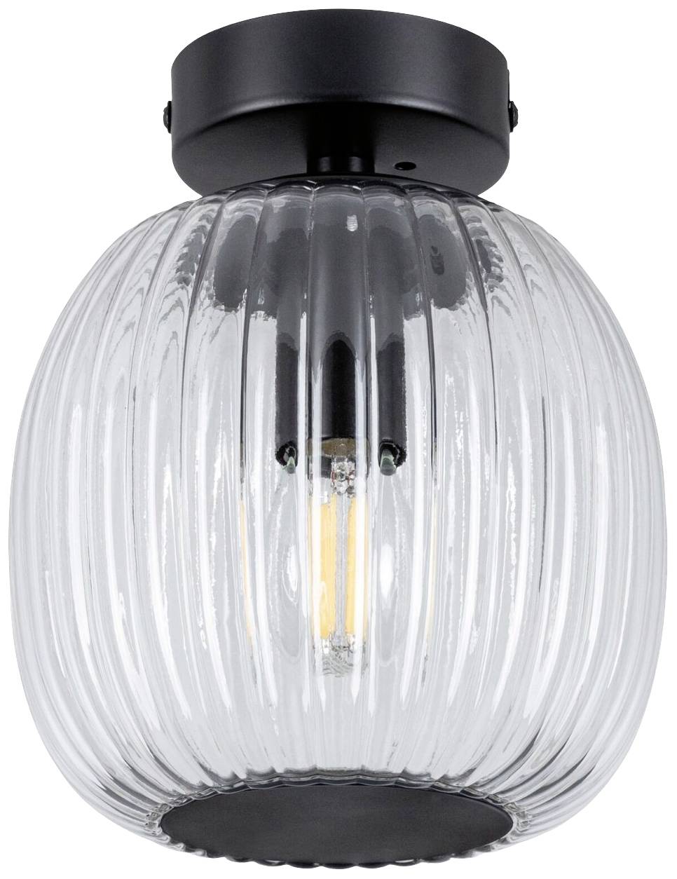 Deckenleuchte mit schwarzer Halterung und transparentem, geripptem Glas. Sichtbare Glühbirne im Inneren für moderne Beleuchtung.