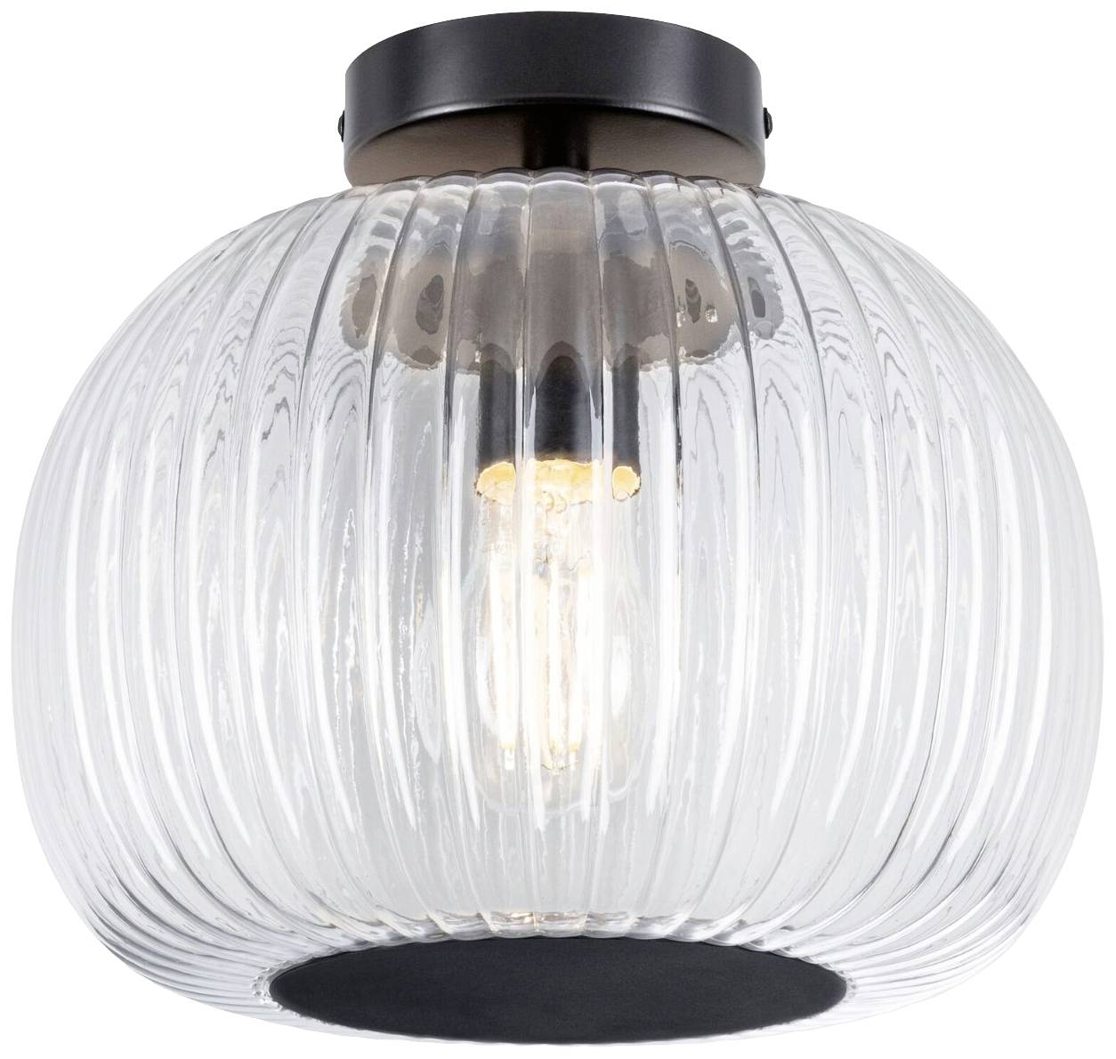 Runde Deckenleuchte mit geriffeltem, klarem Glas und sichtbarer Glühbirne, montiert an schwarzer Halterung.