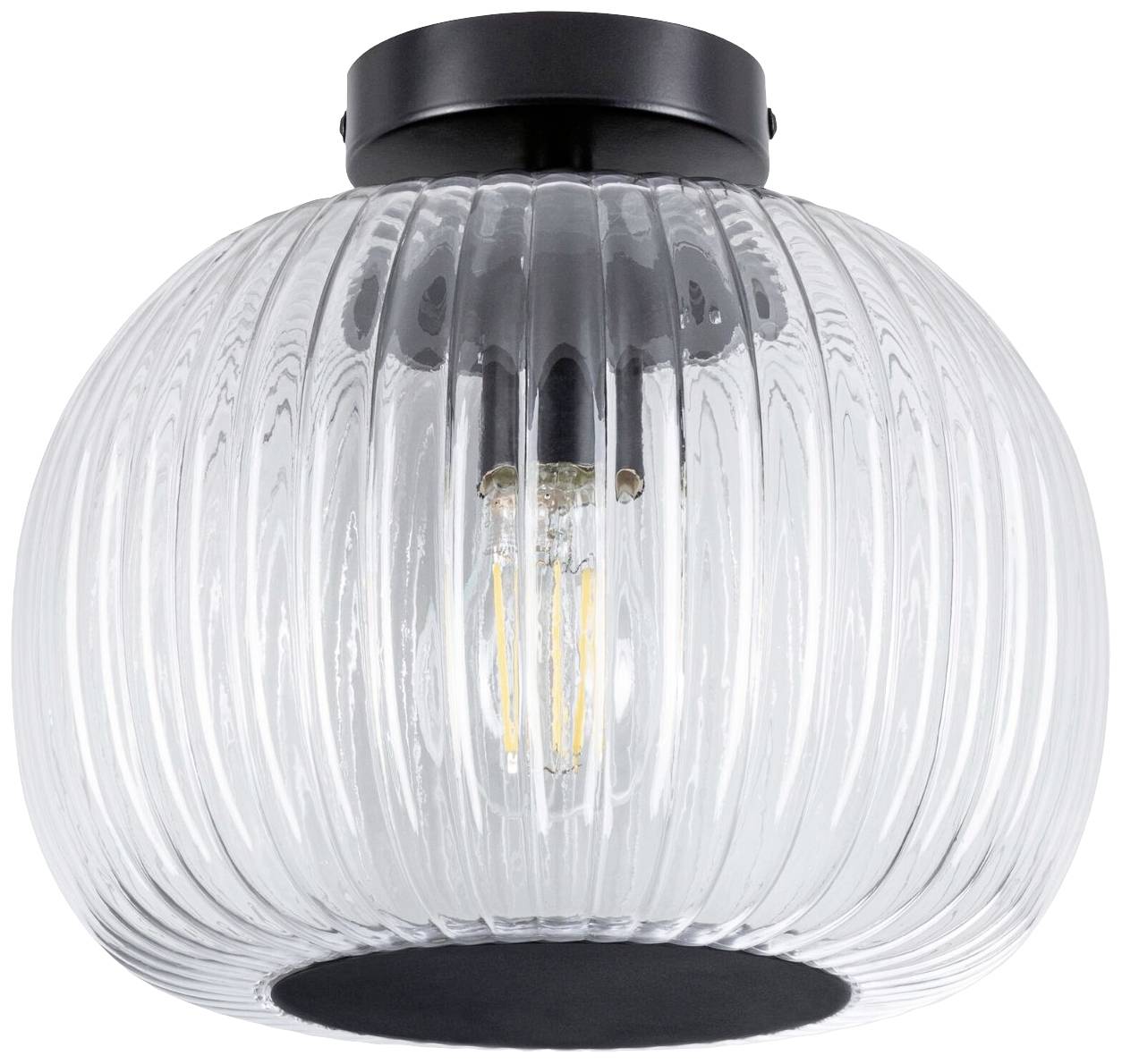 Runde Deckenleuchte mit geriffeltem, transparentem Glas; schwarze Fassung, sichtbarer Glühfaden, moderner und klassischer Stil.