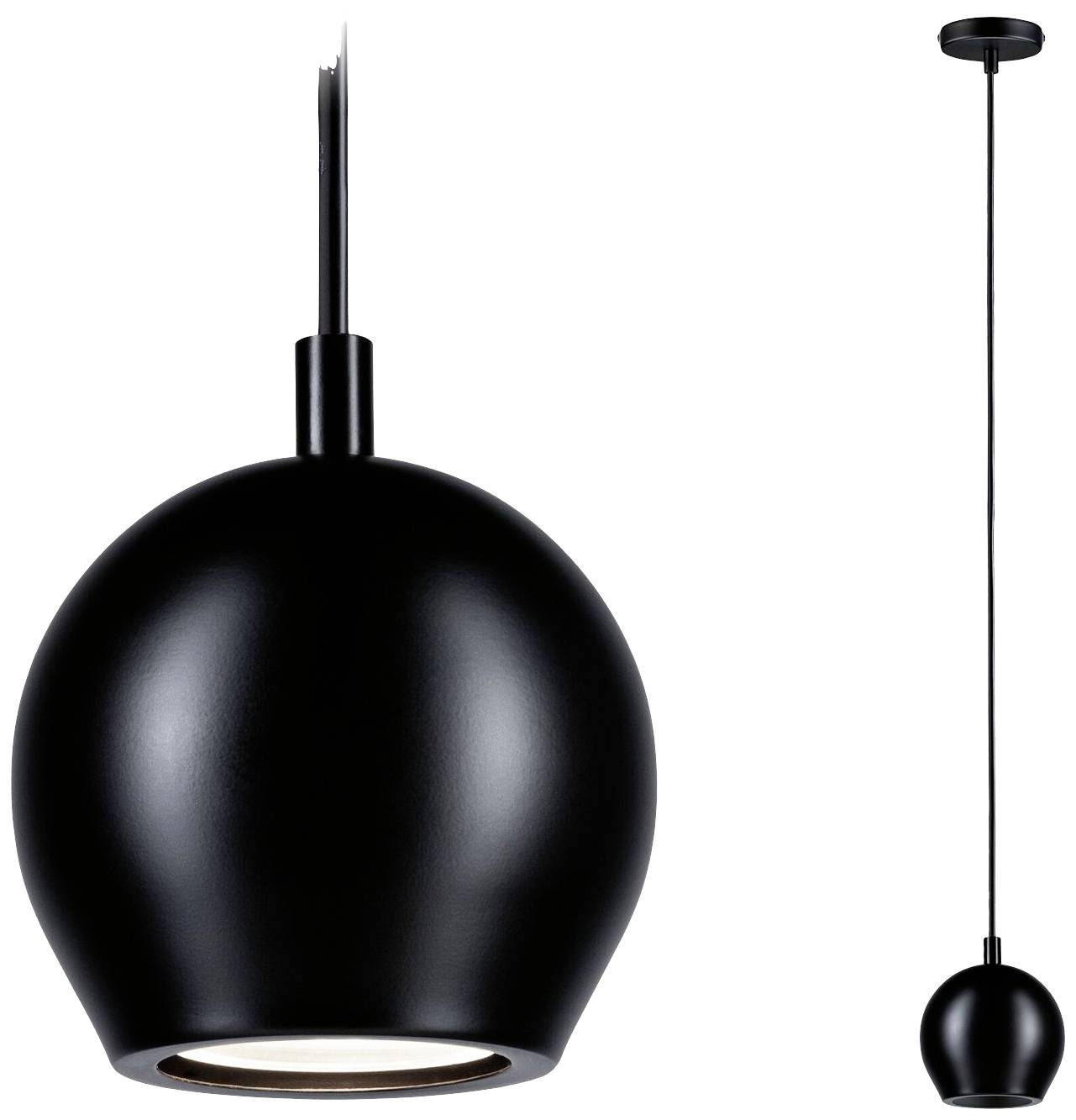 Schwarze Hängelampe mit modernem, glänzendem Design. Close-up links zeigt Details, rechts ist die gesamte Lampe zu sehen.