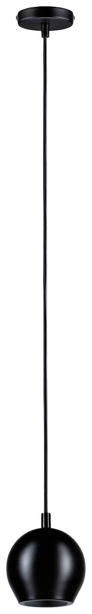 Schwarze Hängeleuchte mit rundem, glattem Lampenschirm und langer, dünner Aufhängung. Ideal für moderne Inneneinrichtung.