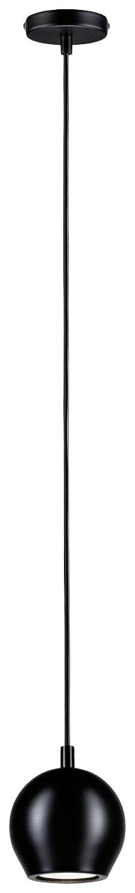 Eine schwarze, kugelförmige Hängeleuchte mit einem langen Kabel, die von der Decke hängt.