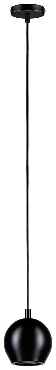 Schwarze Pendelleuchte mit runder Lampenschirmform, hängend an einem langen Kabel. Ideal für modernes Innenraumdesign.