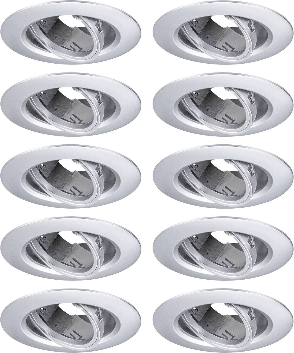 Neun runde, weiße Deckenleuchten sind in einem 3x3-Gittermuster angeordnet. Jede Leuchte hat eine kippbare Halterung.