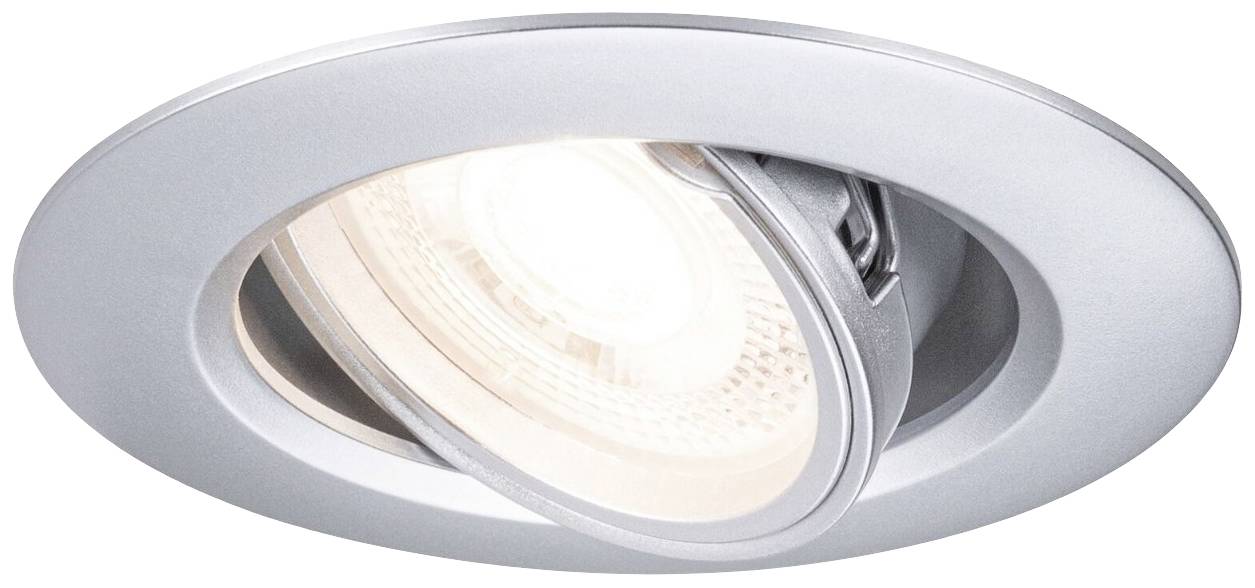 Silberne Einbauleuchte mit rundem Rahmen und sichtbarer LED-Lampe, geeignet für Deckenmontage.