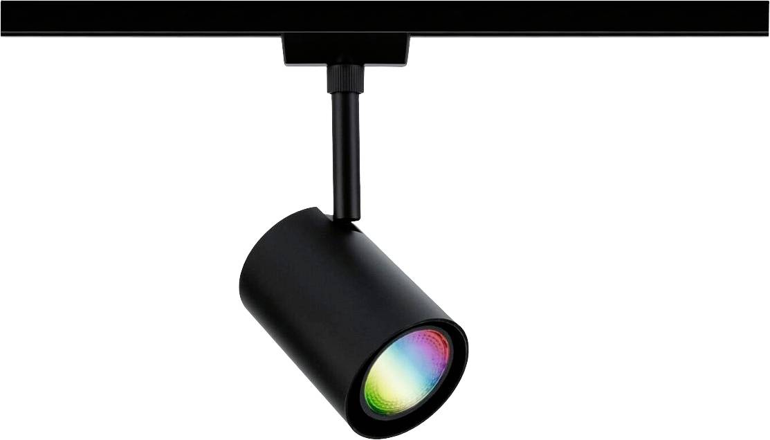 Ein schwarzer Deckenstrahler strahlt in verschiedenen Farben in einem Regenbogenmuster.