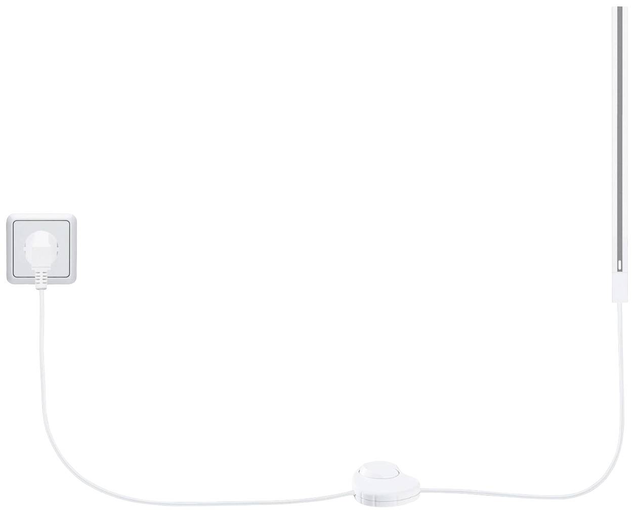 Steckdose mit angeschlossenem weißen Kabel, das zu einem kreisförmigen Schalter und dann zu einer schmalen, vertikalen Leuchte führt.