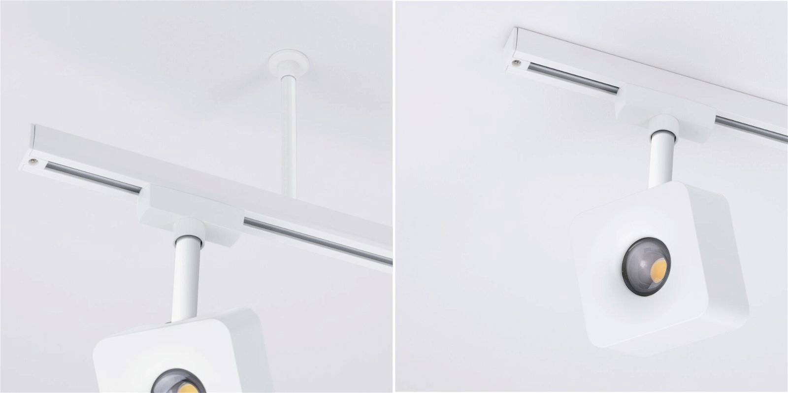 Zwei Ansichten eines modernen Deckenstrahlers; links die Halterung mit Schiene, rechts Nahaufnahme eines quadratischen LED-Lichts.