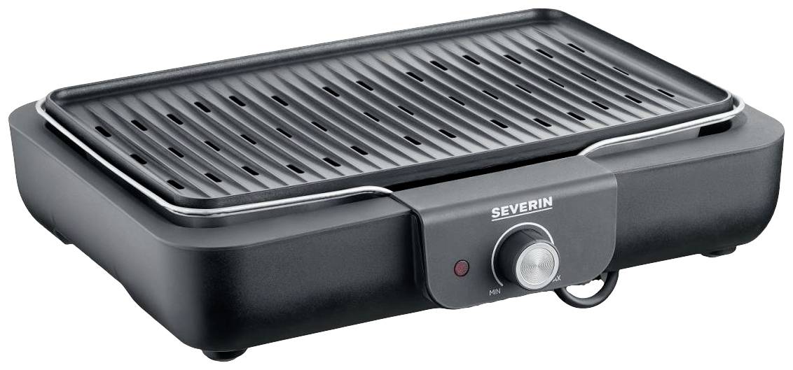Schwarzer Elektrogrill mit geriffelter Grillfläche und Temperaturregler an der Vorderseite, geeignet für Indoor-Grillen.