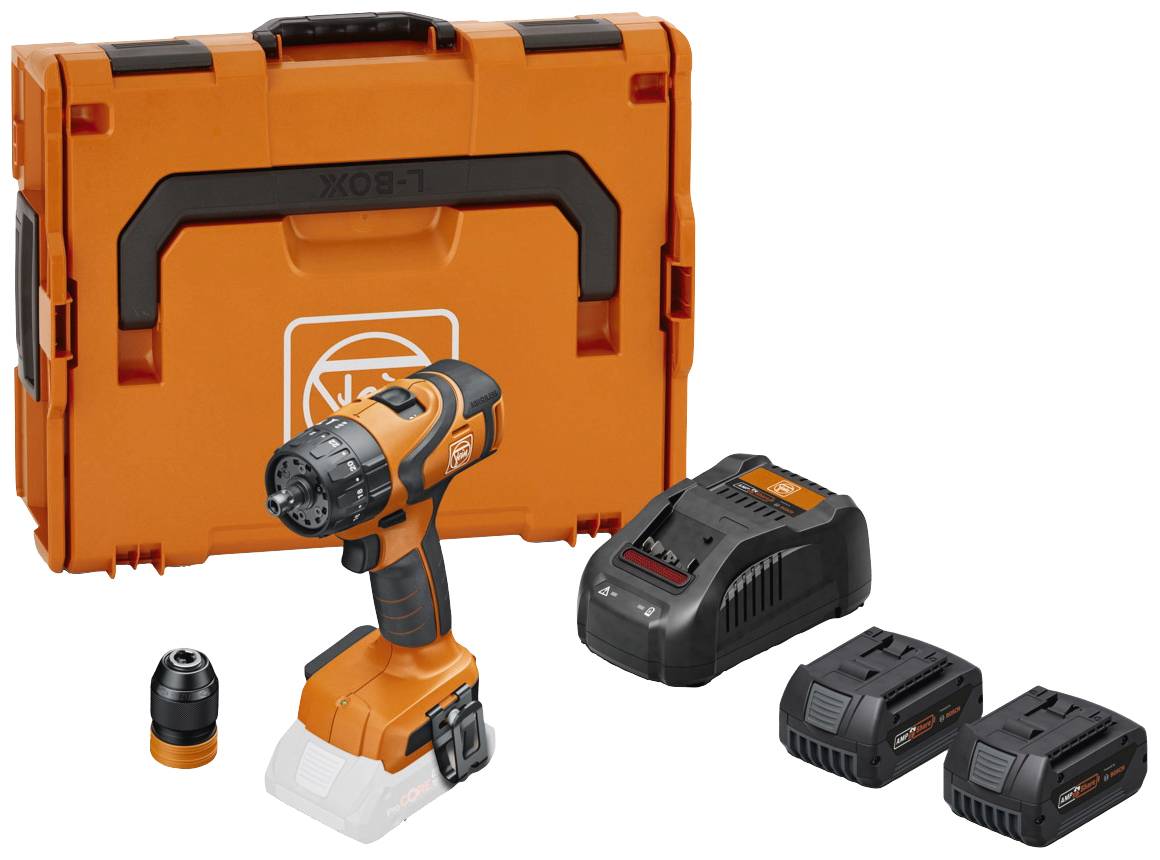 Akkuschrauber-Set mit orange-schwarzem Schrauber, zwei Akkus, Ladegerät und orangefarbenem Transportkoffer.