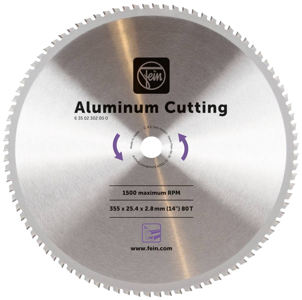 Kreissägeblatt von Fein, speziell für Aluminium, mit den Maßen 355 x 25,4 x 2,8 mm, 80 Zähne, max. 1500 U/min.
