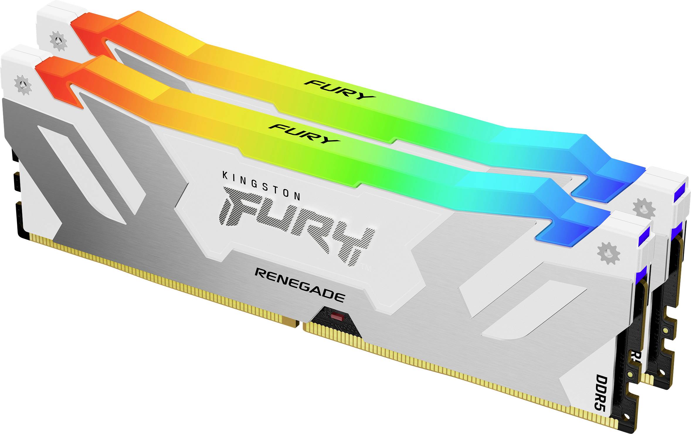 Zwei Kingston Fury Renegade DDR5-RAM-Module mit silbernem Kühlkörper und RGB-Beleuchtung oberhalb des Moduls.