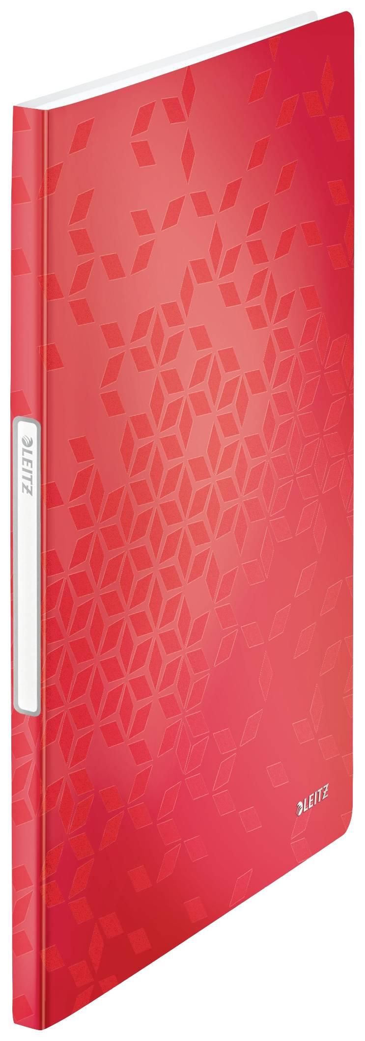 Rotes Notizbuch mit geometrischem Muster auf dem Cover und dem Markennamen 'Leitz' an der Seite.