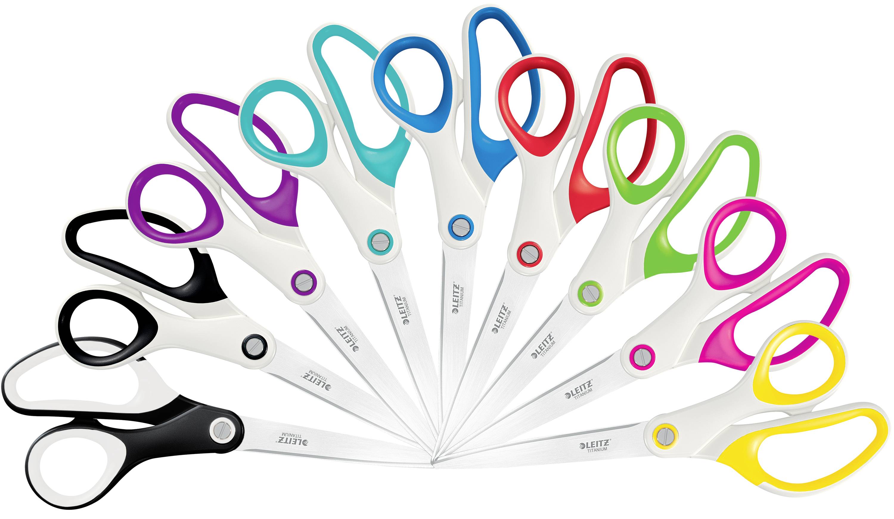 Mehrfarbige Scheren in einem Fächer angeordnet. Jede Schere hat buntes Griffdesign: rot, blau, grün, gelb, pink, lila und schwarz.