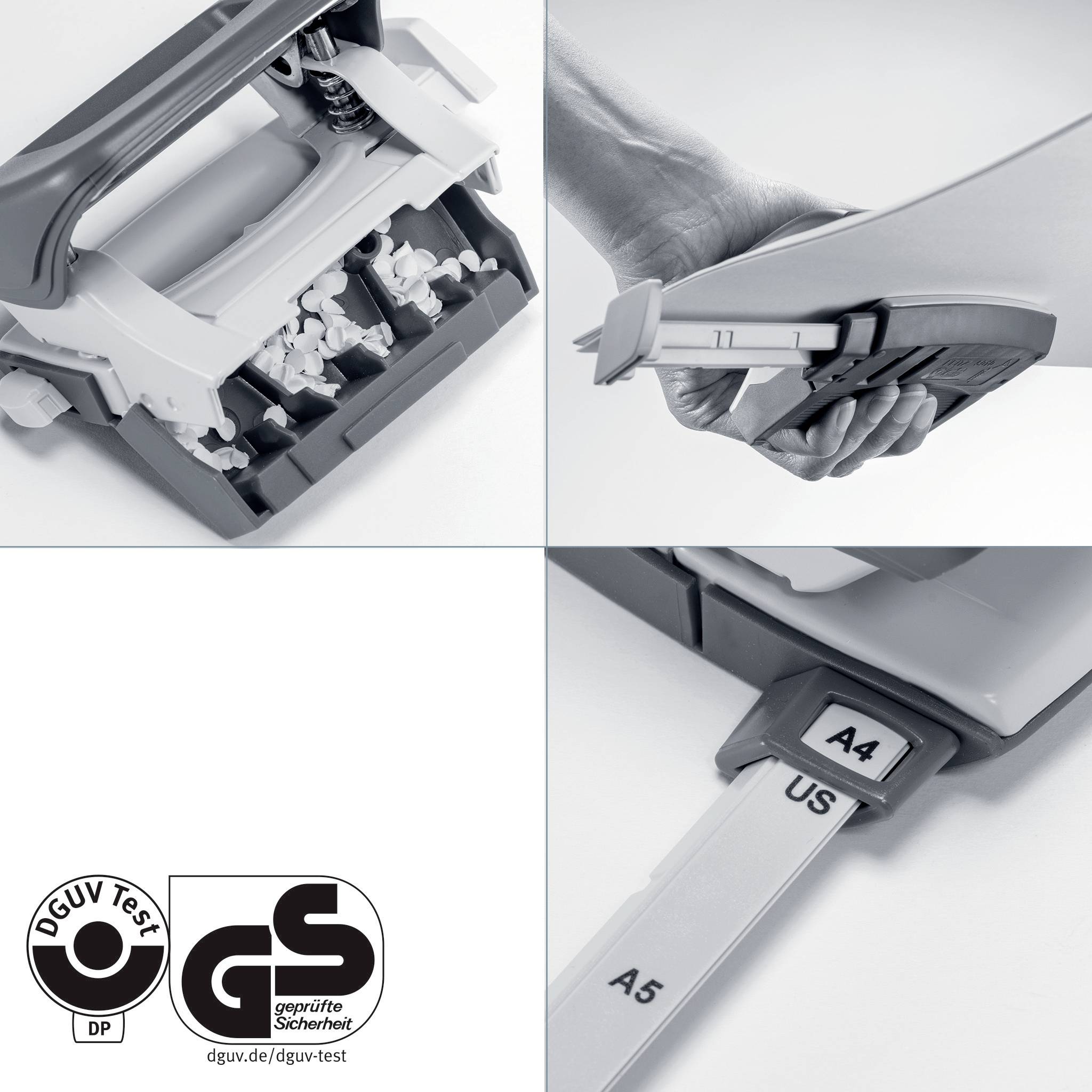 Das Bild zeigt einen grau-weißen Aktenvernichter, der Papier in Streifen zerschneidet. Unten links: Prüfzeichen 'DGUV Test' und 'GS'.