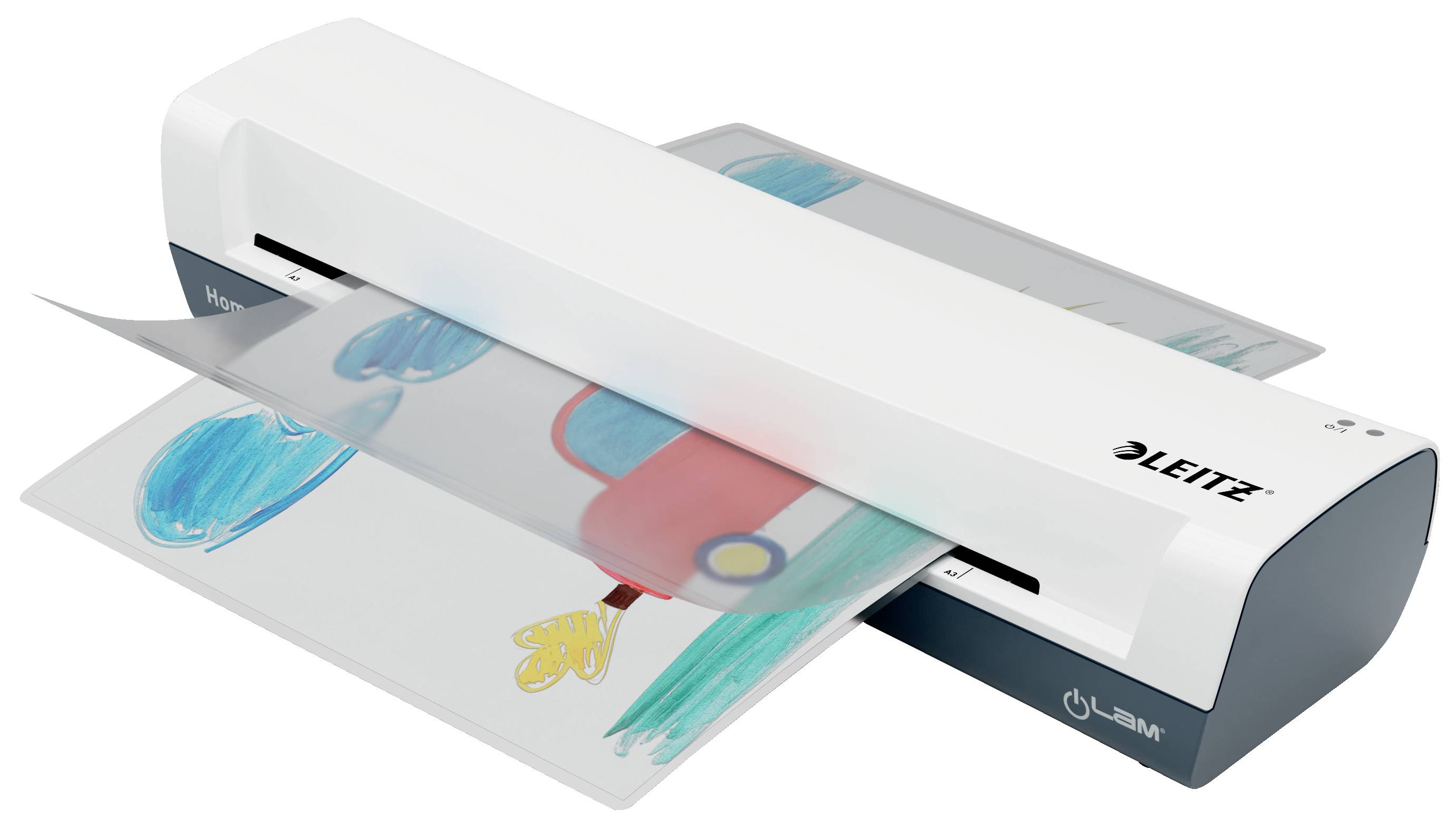 Weißer Laminierer von Leitz, laminiert ein buntes Kinderbild mit einem Auto-Motiv.