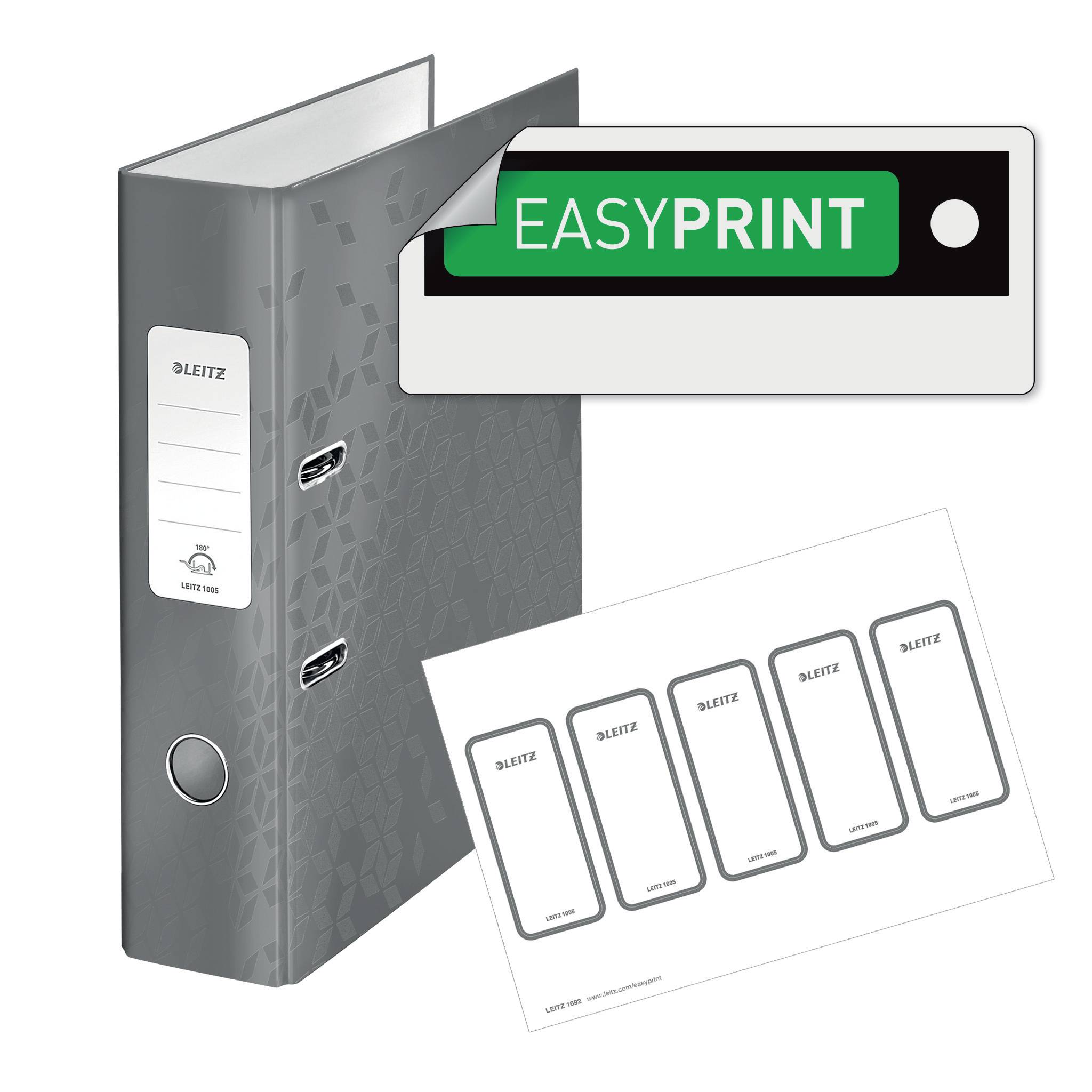 Ein grauer Aktenordner mit der Aufschrift 'LEITZ' und Etiketten mit 'EASYPRINT'-Logo. Im Vordergrund ein Bogen mit fünf Etiketten.