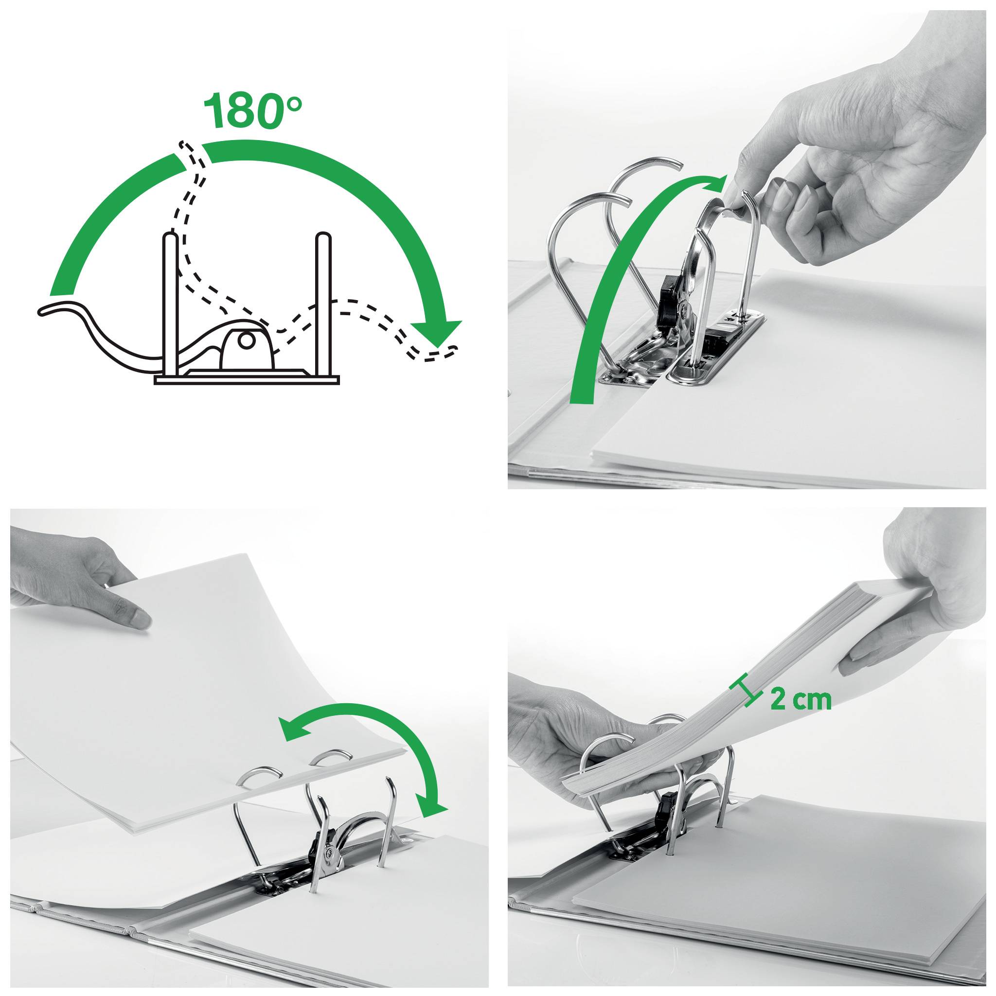 Ein Ordnermechanismus mit Hebel: Oben links ein Diagramm der Hebelbewegung; rechts oben Hebelgriff, unten links Einfügen von Papier, unten rechts Abstand von 2 cm angezeigt.