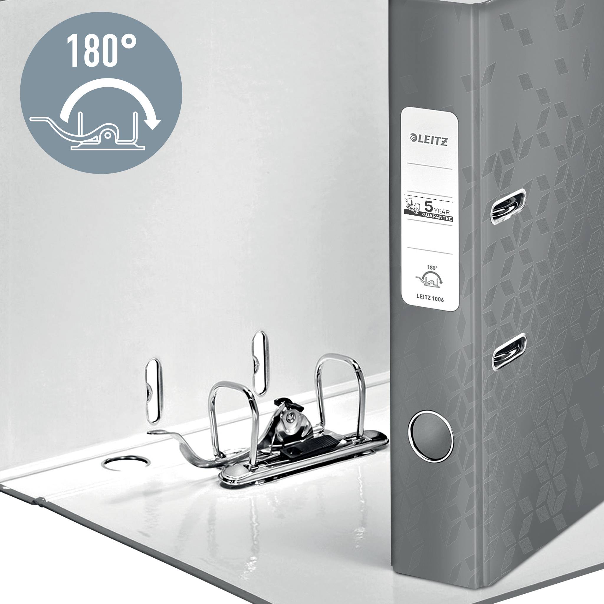 Grauer Ordner mit 180°-Mechanik von Leitz, geöffnet. Hervorgehobenes Merkmal: einfaches Umblättern durch speziellen Ringmechanismus.