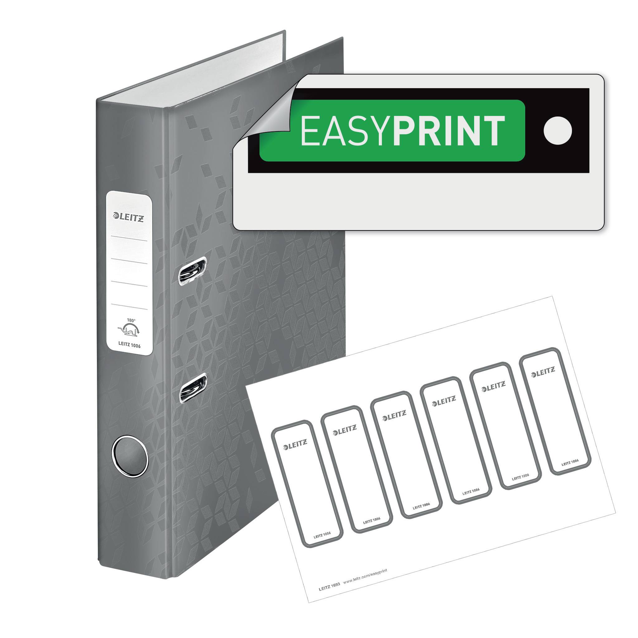 Ordner mit 'EasyPrint'-Sticker, verziertem Muster und Zubehör zur Personalisierung der Beschriftungsetiketten.