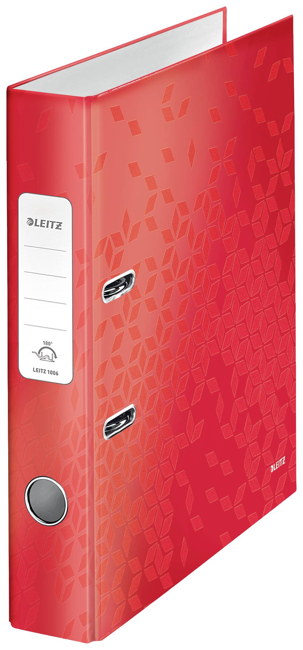 Ein roter Ordner mit Mustern, zwei Hebelmechaniken und einem Beschriftungsetikett auf der Seite. Geeignet zur Ablage von Dokumenten.