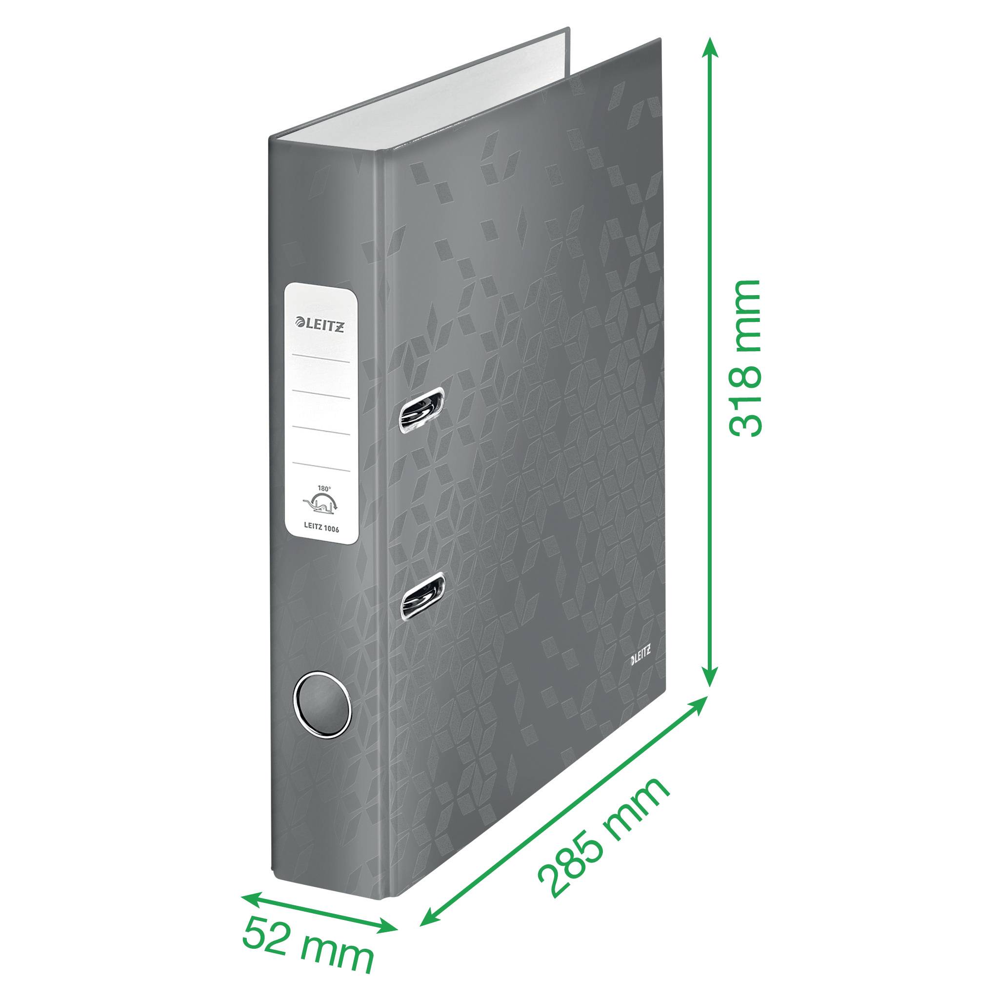 Abbildung eines grauen Leitz-Ordners mit den Maßen: Breite 52 mm, Tiefe 285 mm, Höhe 318 mm. Ordner hat zwei Metallringe.
