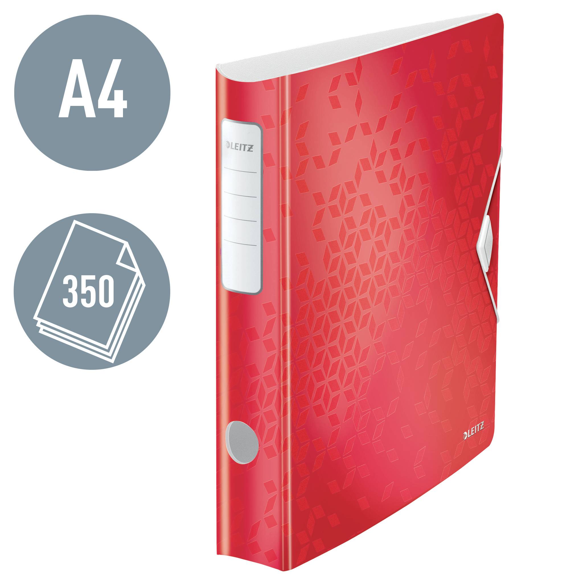 Roter Leitz-Ordner für A4-Papier, geeignet für 350 Blatt, mit geometrischem Muster und Verschlussklappe.