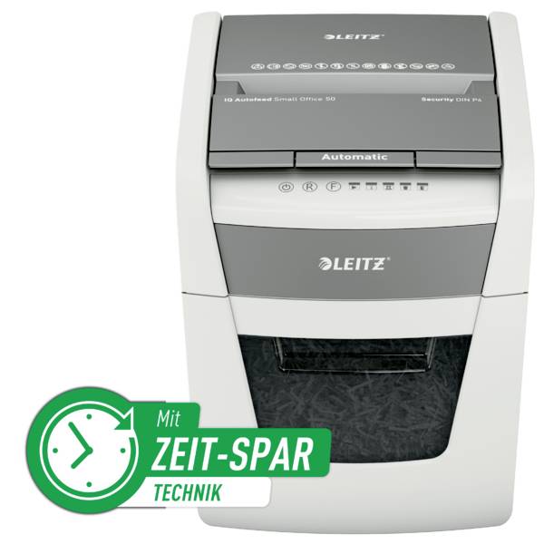 Leitz IQ Autofeed Small Office 50 P4 Aktenvernichter 6 Blatt Partikelschnitt 4 x 28mm P-4 20l Vernichtet auch Büroklammern