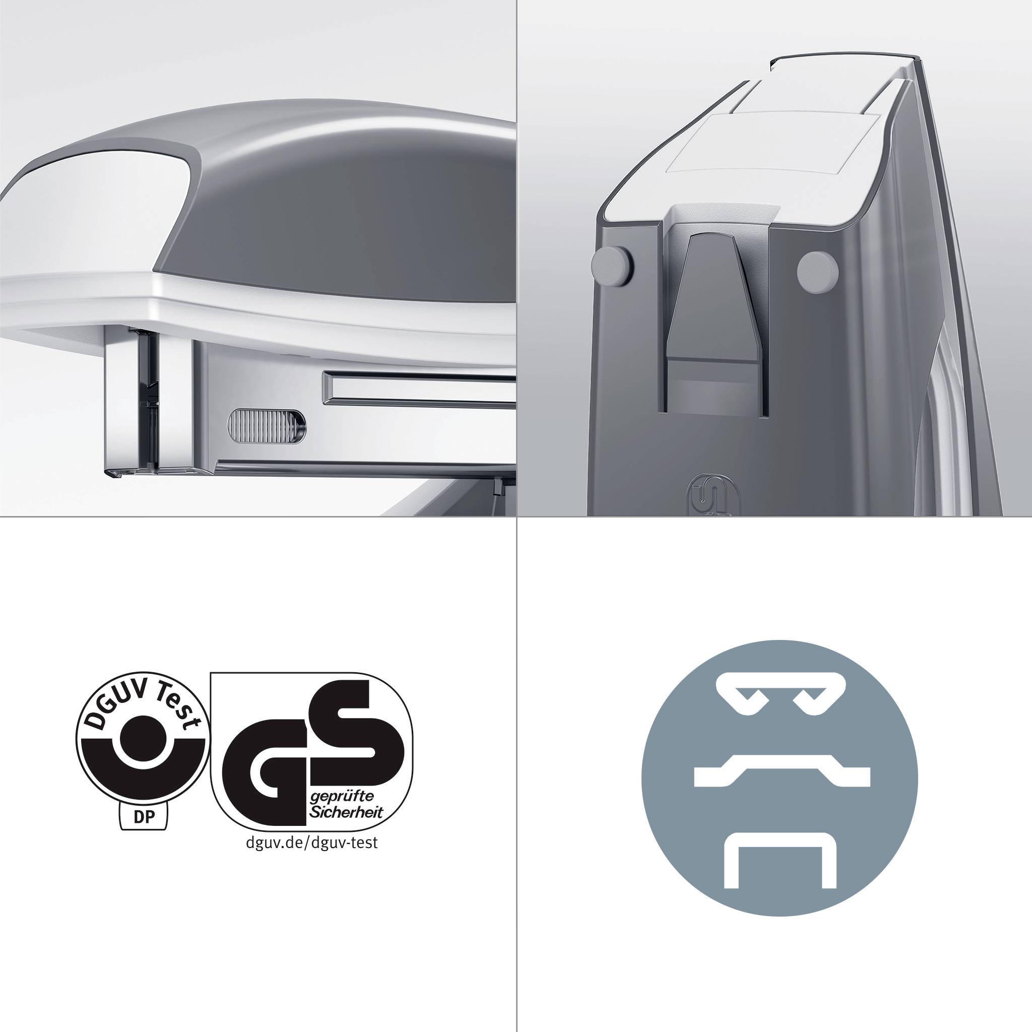 'DGUV Test' geprüfte Sicherheit, grauer Aktenvernichter mit Sicherheitsverschluss. Logo der deutschen Prüfstelle unten links.