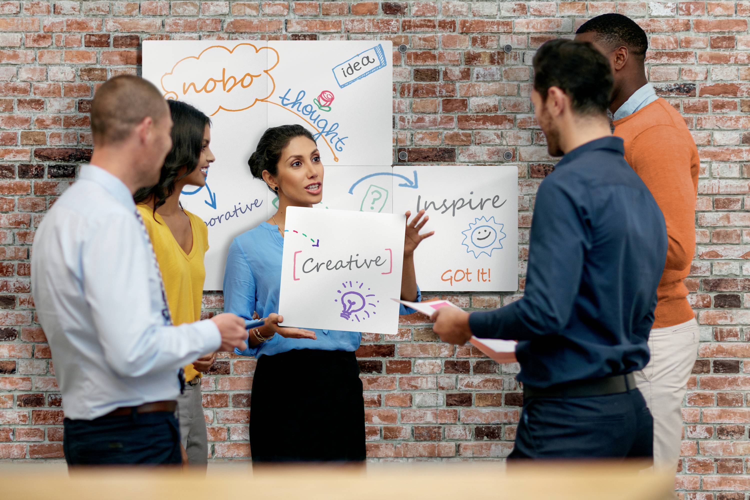 Fünf Personen diskutieren vor einem Whiteboard mit Diagrammen, auf denen Begriffe wie 'creative' und 'inspire' zu sehen sind.