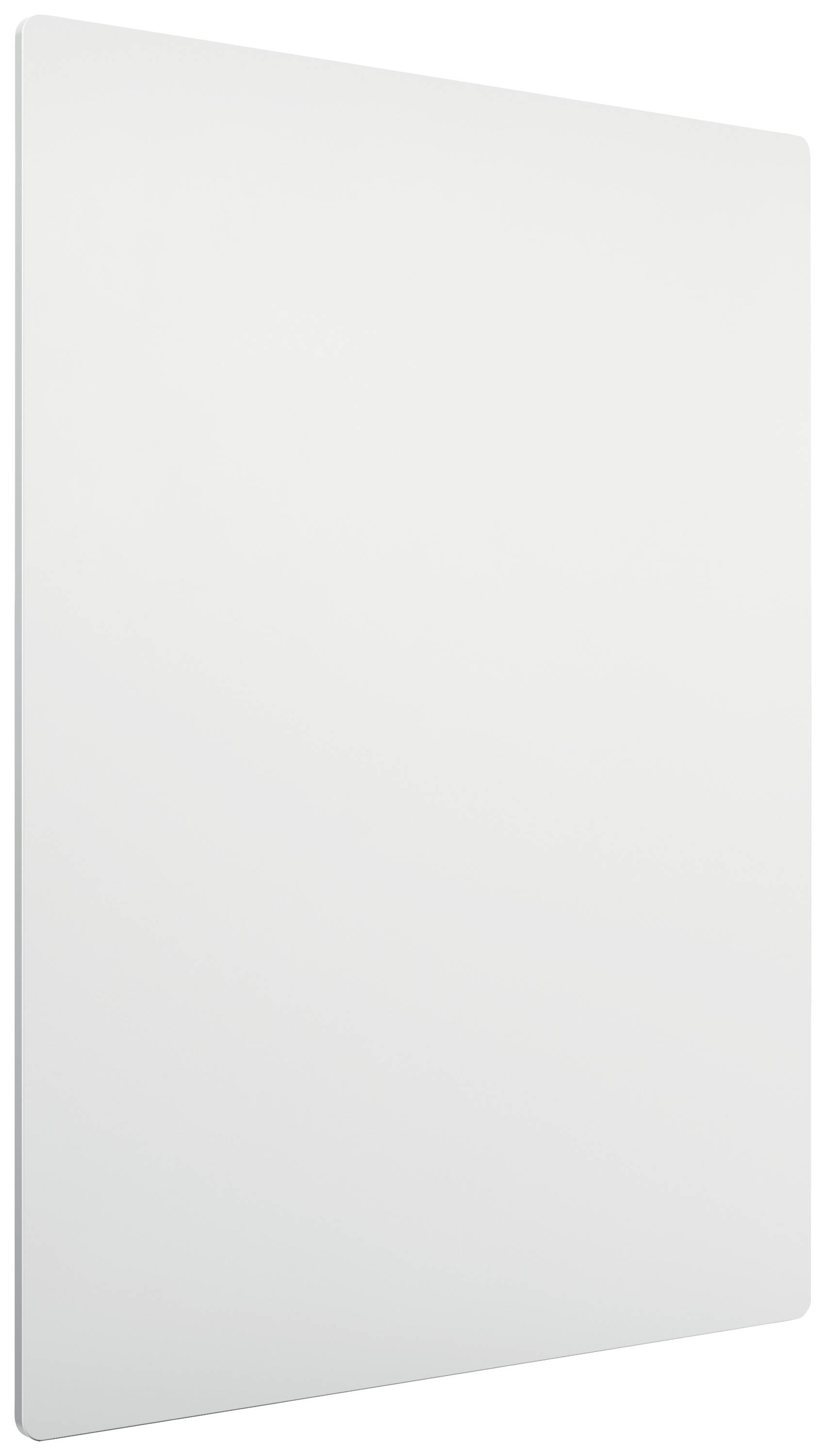 Weiße, rechteckige Platte mit abgerundeten Ecken, vor einem hellen Hintergrund.