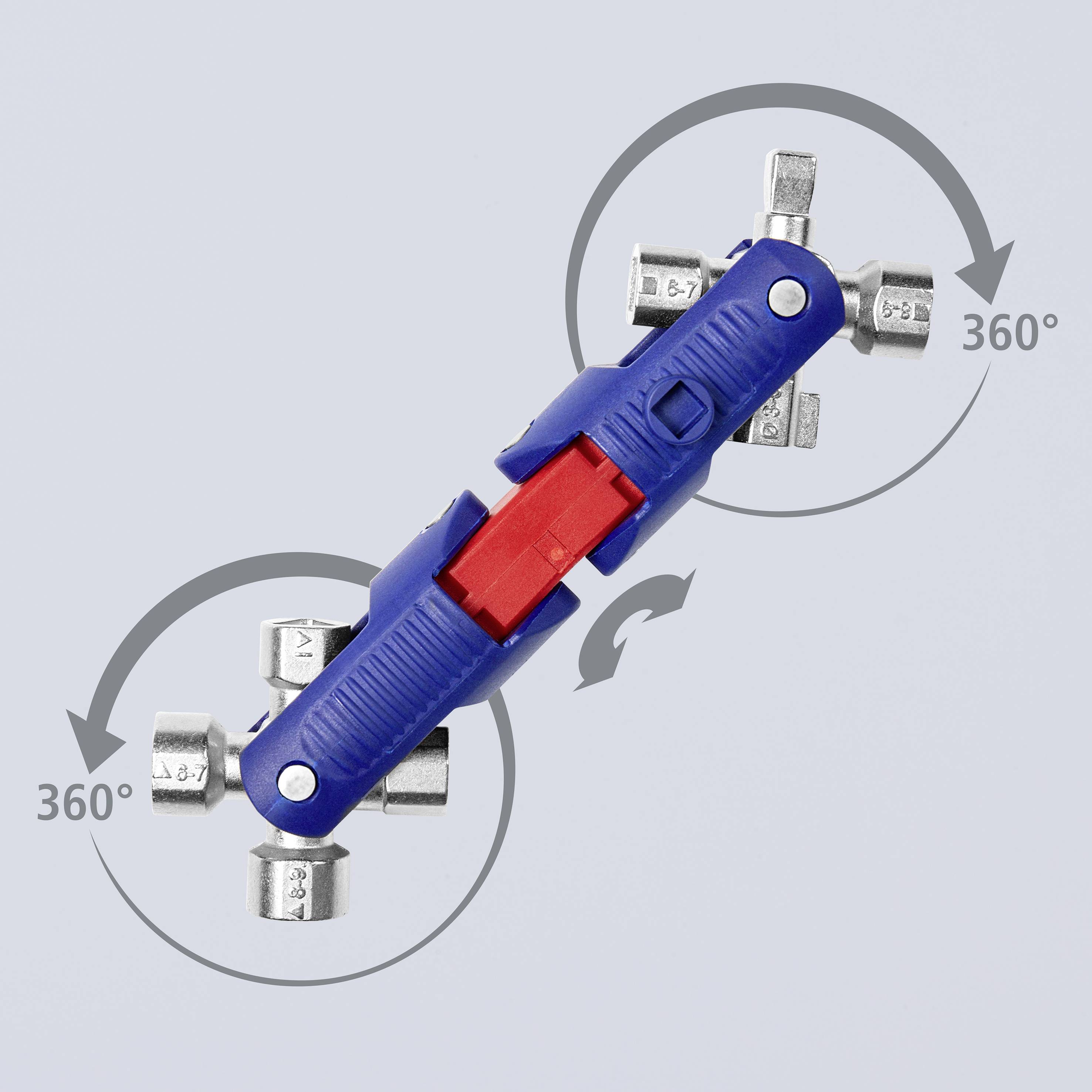 Ein multifunktionales Werkzeug mit acht verschiedenen Steckschlüsseln und einem drehbaren blauen Griff, 360° drehbar.