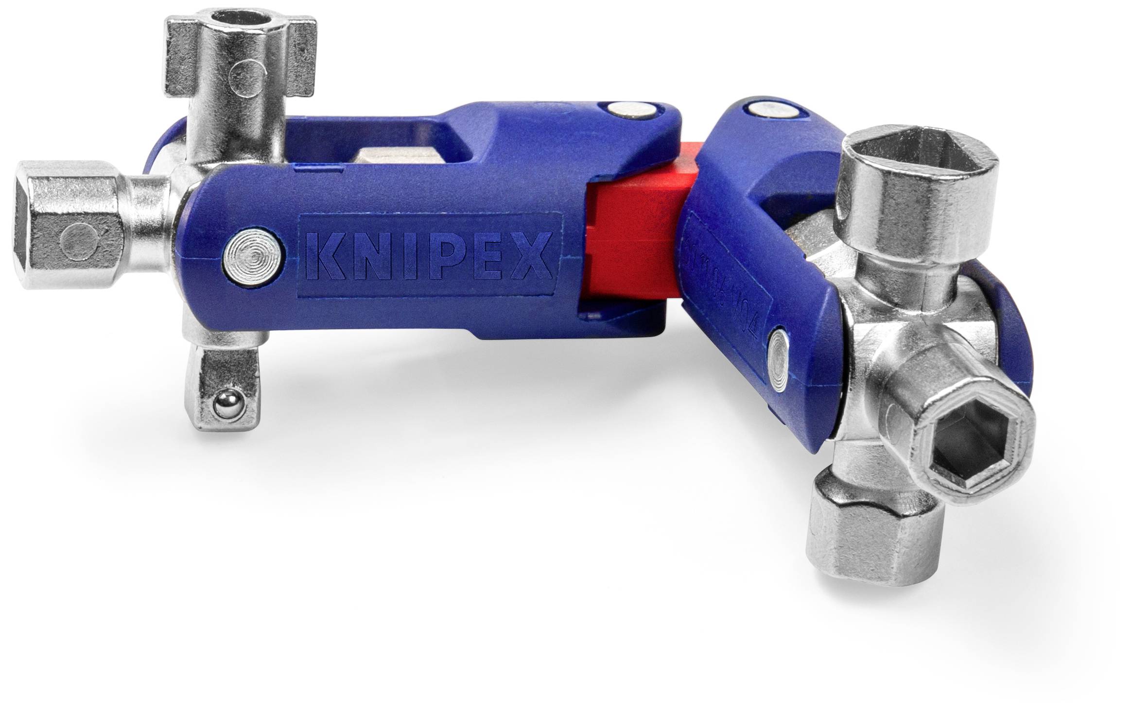Ein blaues Multi-Tool von KNIPEX mit mehreren Inbusschlüsseln und einem roten Drehmechanismus. Ideal für vielseitige Anwendungen.