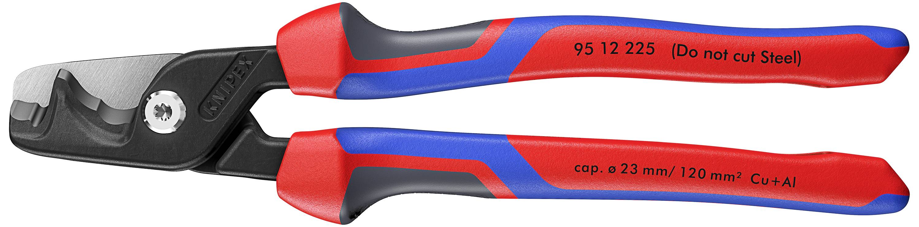 Eine rote und blaue Zange mit der Aufschrift 'Do not cut steel'. Geeignet zum Schneiden von Aluminium und Kupfer bis 2,3 mm Dicke.