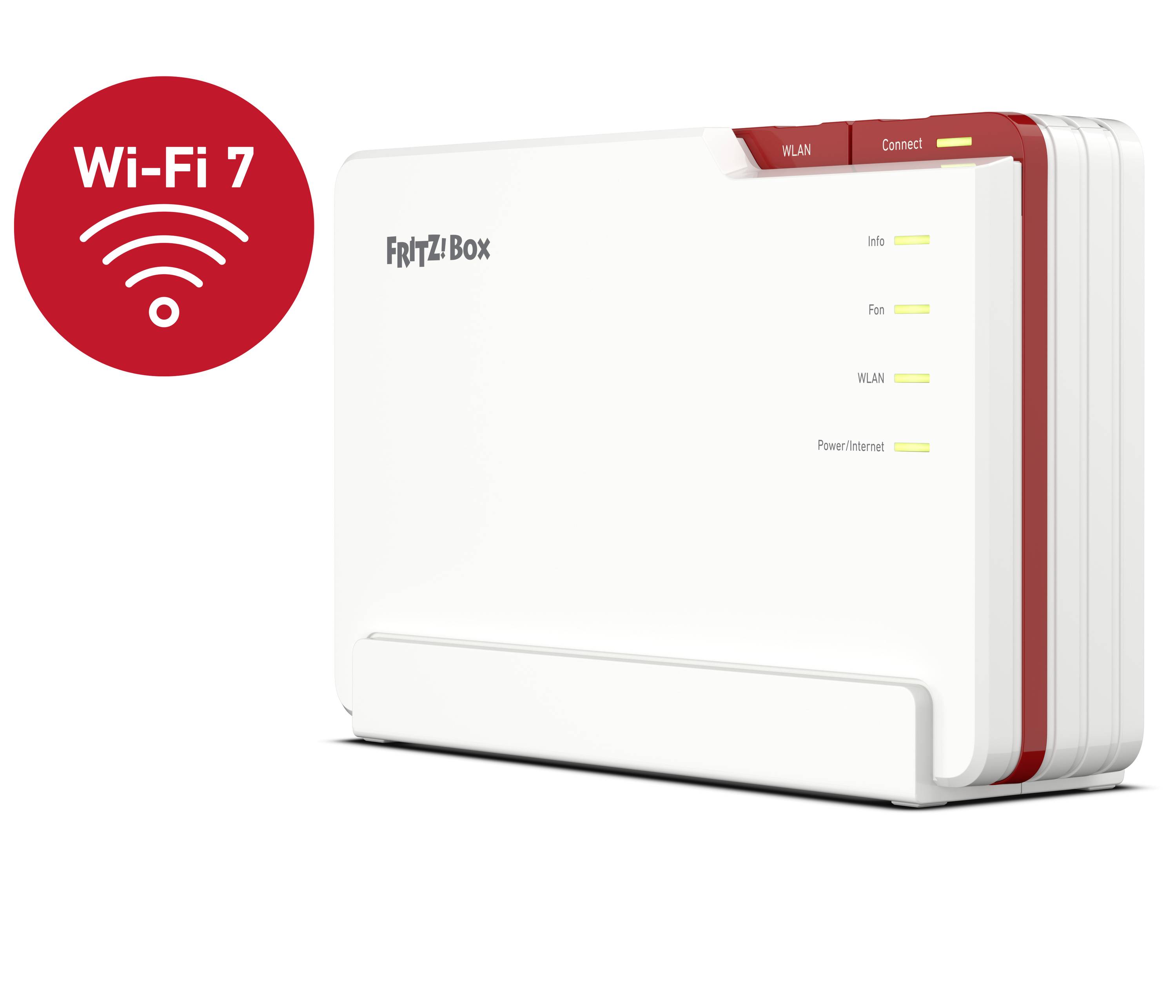Eine Fritz!Box mit Wi-Fi 7 Logo, zeigt Netzwerkstatusleuchten und Anschlüsse. Hauptsächlich für schnelles WLAN-Netzwerk geeignet.