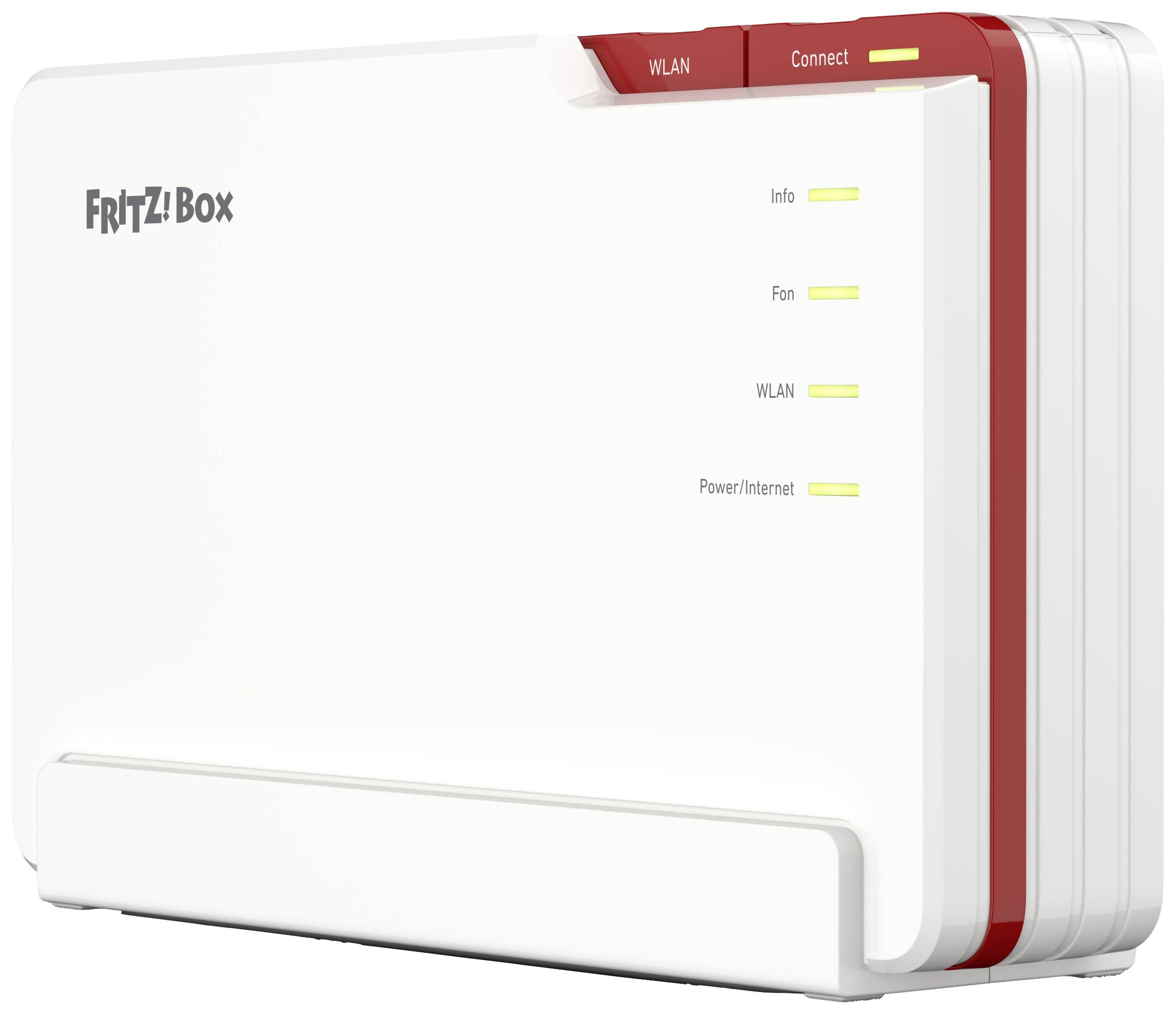 Ein weißer WLAN-Router mit der Aufschrift 'FRITZ!Box', rotem Rand und vier gelben Kontrollleuchten für Info, Fon, WLAN und Power/Internet.