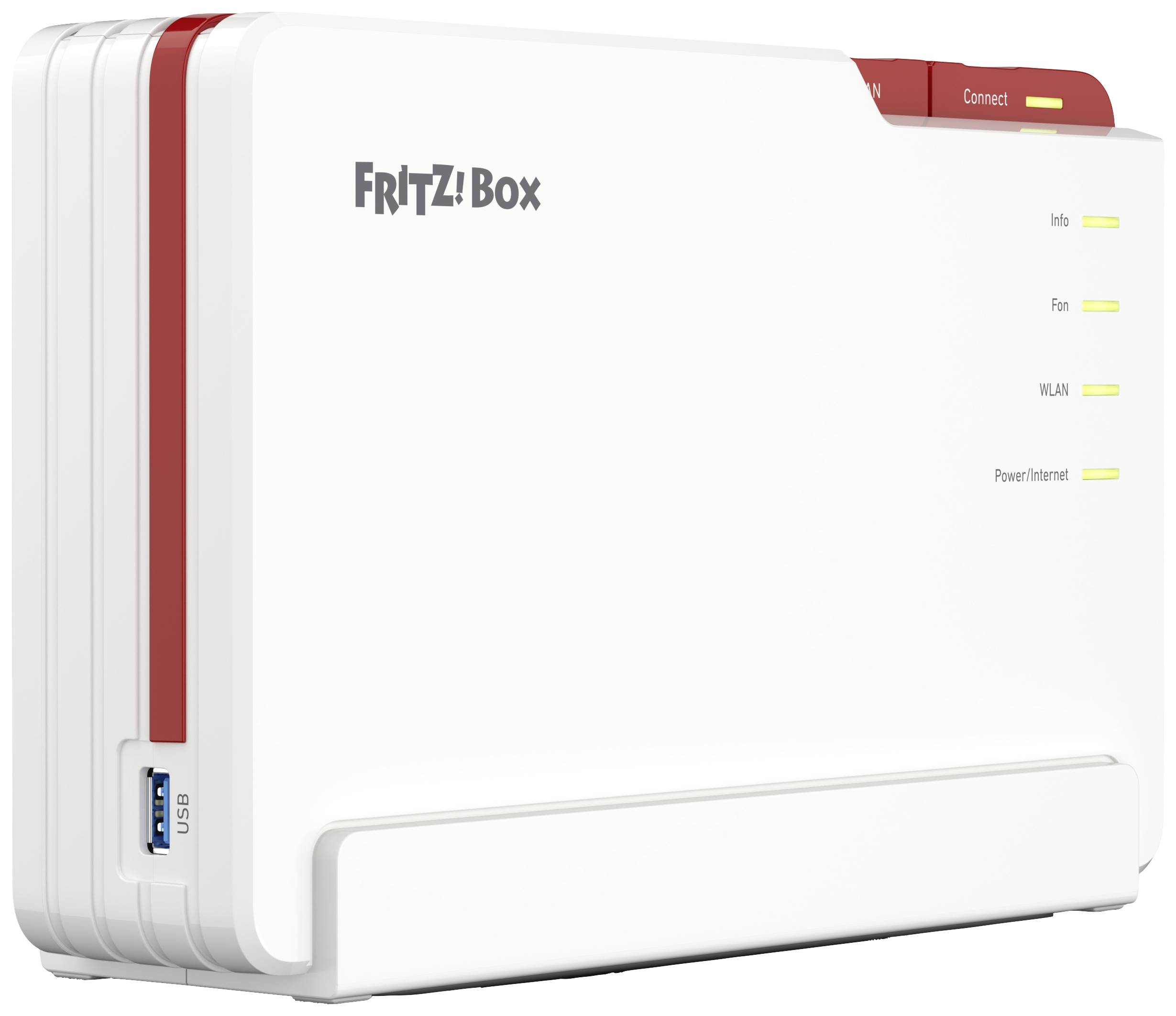 Ein weißer Router mit dem Schriftzug 'Fritz!Box'. Vier Lämpchen rechts anzeigen Status für Info, Fon, WLAN und Power/Internet.