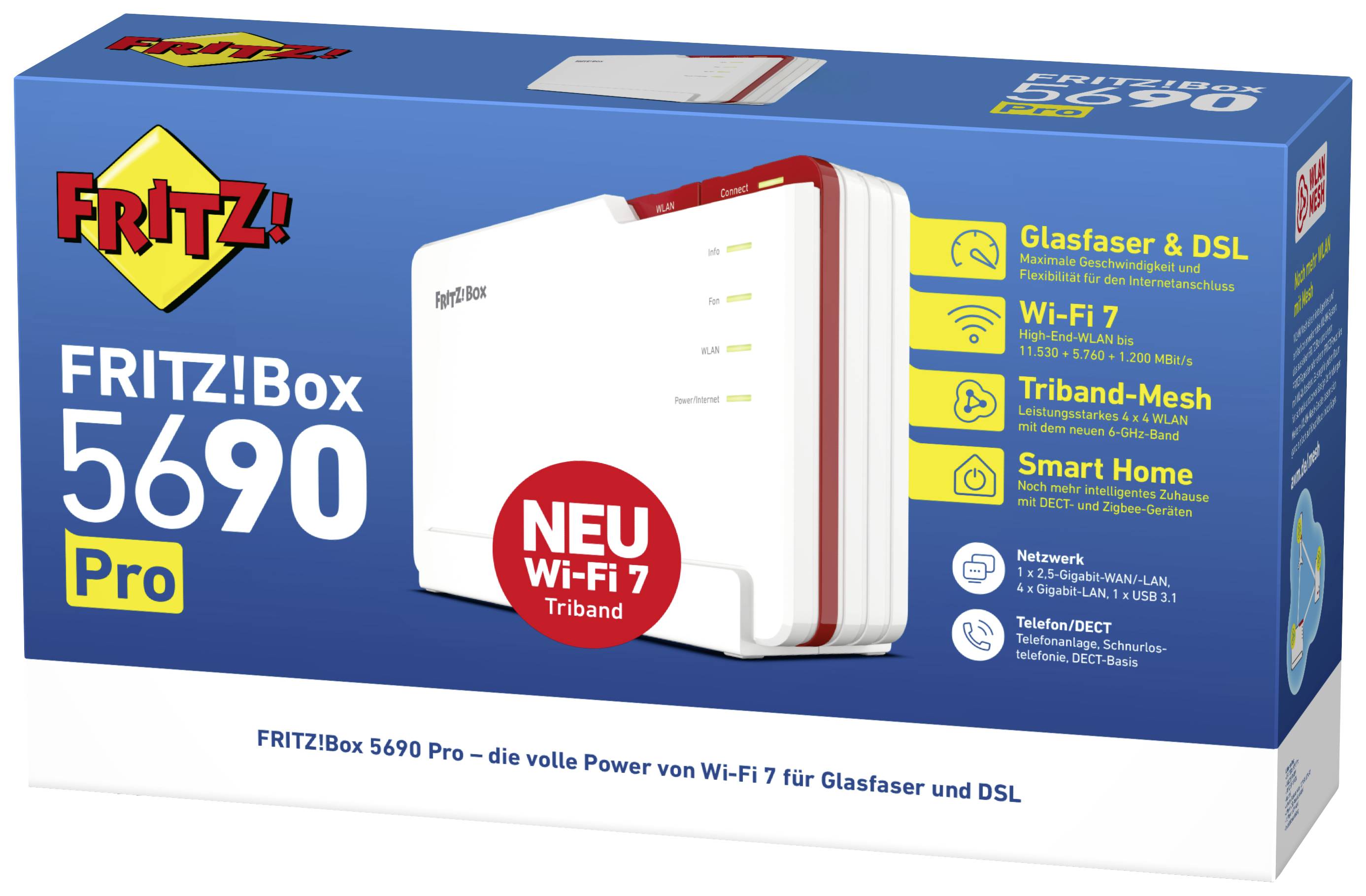 Weiße FRITZ!Box 5690 Pro Router-Verpackung; bietet Glasfaser, Wi-Fi 7, Triband-Mesh und Smart Home-Unterstützung.