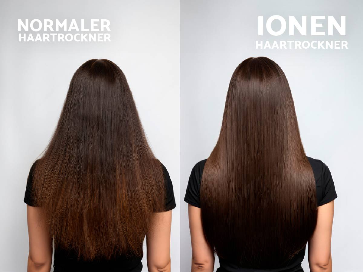 Die Abbildung zeigt einen Vergleich: links eine Person mit krausem Haar durch normalen Haartrockner, rechts glattes Haar durch Ionen-Haartrockner.